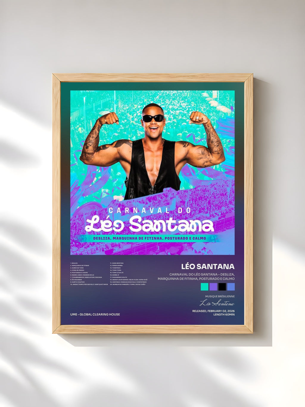 #bois Tableau de l'album Carnaval do Léo Santana - Desliza, Marquinha de Fitinha, Posturado e Calmo de Léo Santana, cadre en bois brut, imprimé et encadré en France
