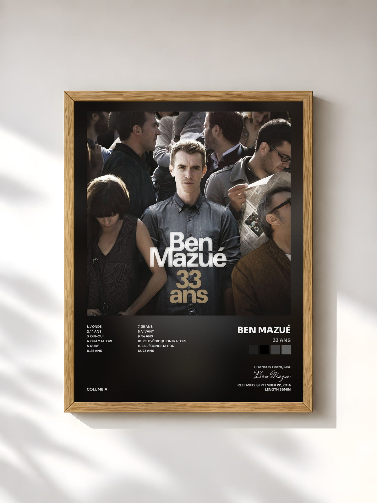 #bois Tableau de l'album 33 ans de Ben Mazué, cadre en bois brut, imprimé et encadré en France