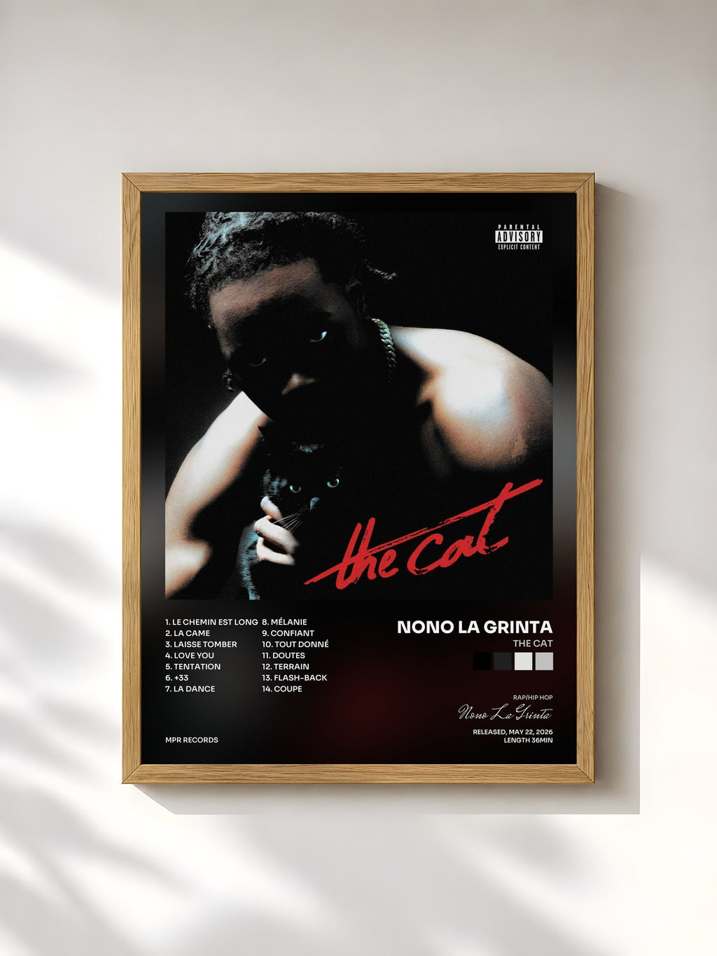 #bois Tableau de l'album The cat de Nono La Grinta, cadre en bois brut, imprimé et encadré en France
