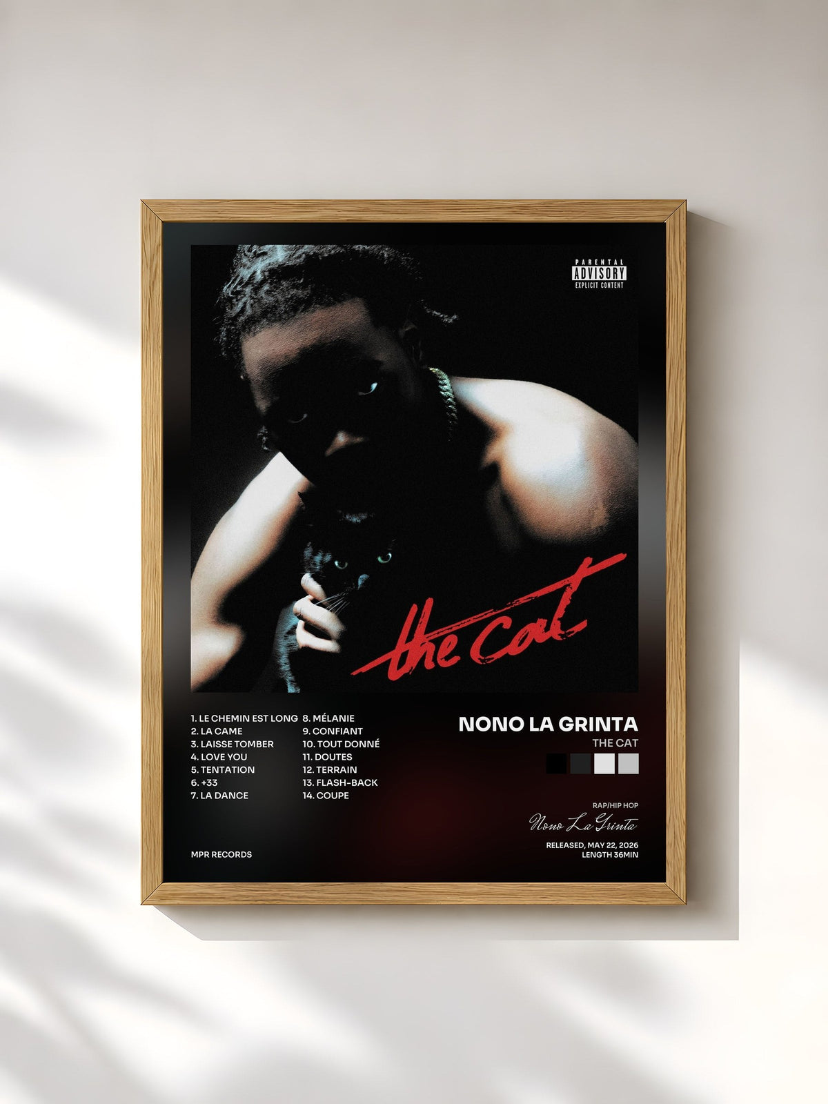 #bois Tableau de l'album The cat de Nono La Grinta, cadre en bois brut, imprimé et encadré en France