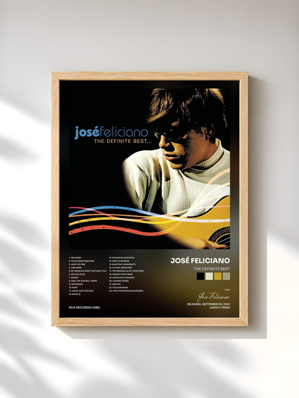#bois Tableau de l'album The Definite Best de José Feliciano, cadre en bois brut, imprimé et encadré en France
