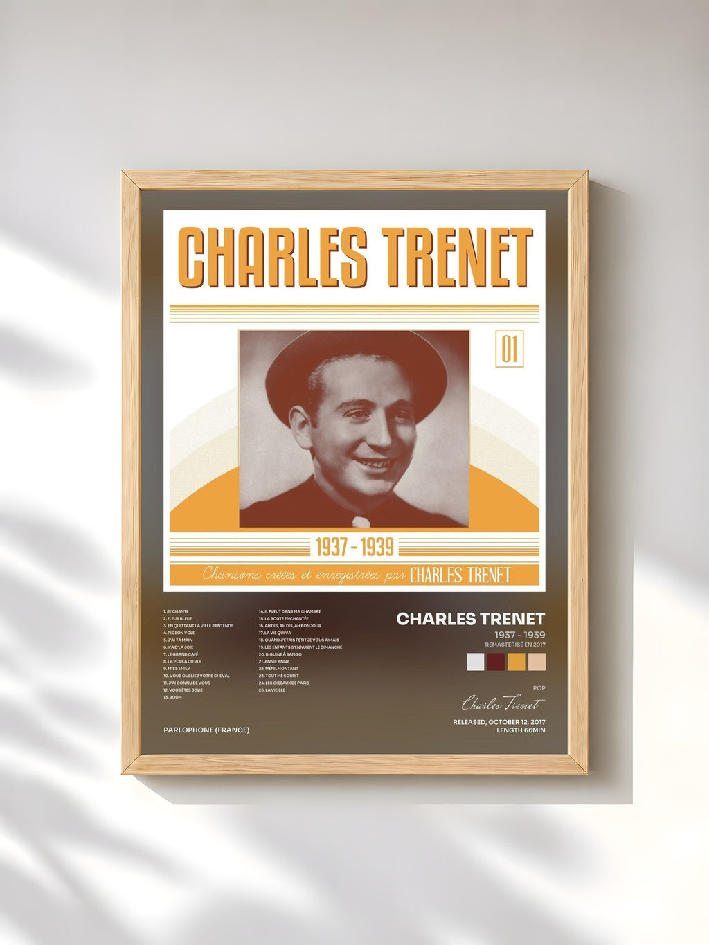 #bois Tableau de l'album 1937 - 1939 (Remasterisé en 2017) de Charles Trenet, cadre en bois brut, imprimé et encadré en France