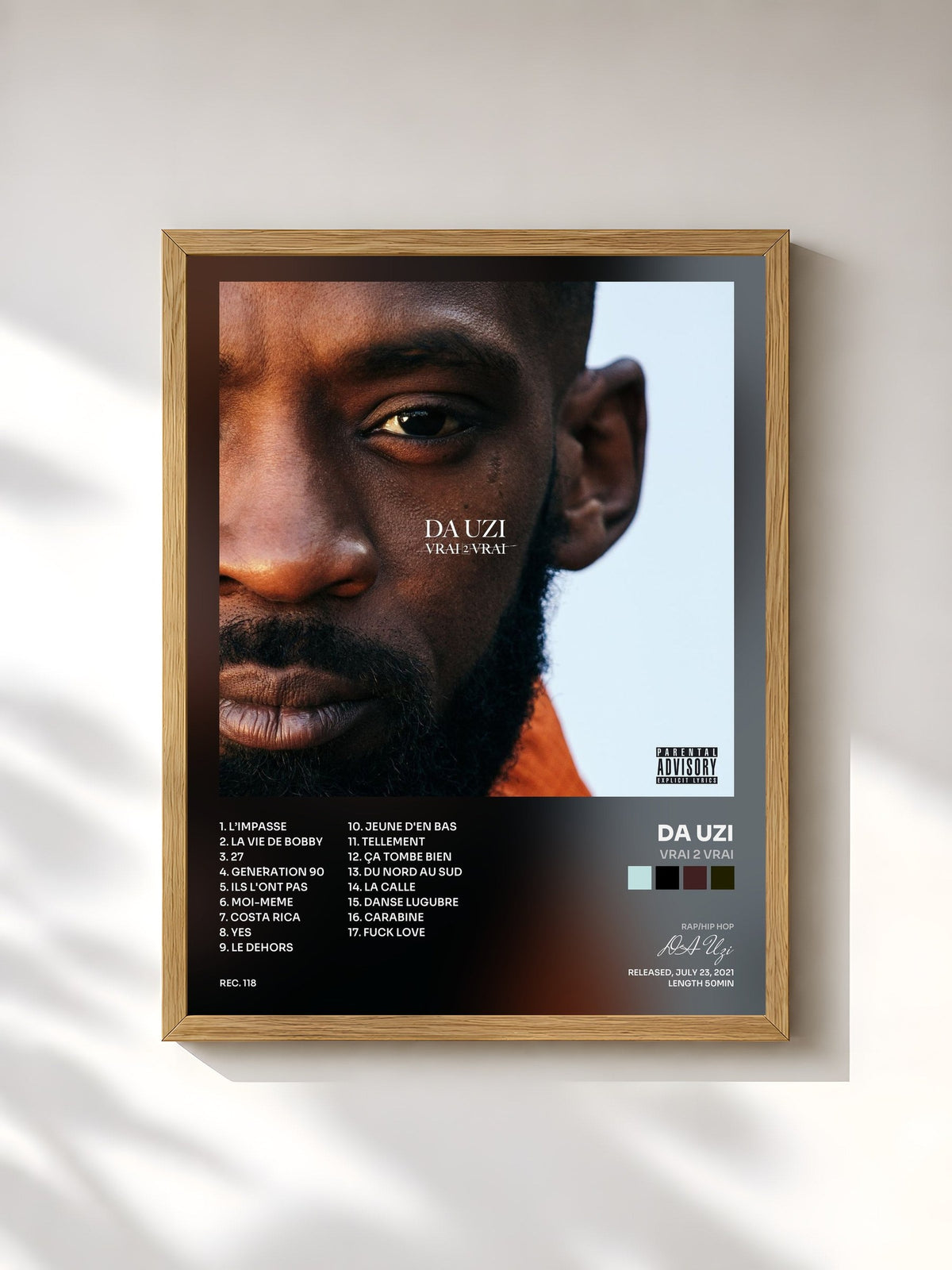 #bois Tableau de l'album Vrai 2 vrai de DA Uzi, cadre en bois brut, imprimé et encadré en France