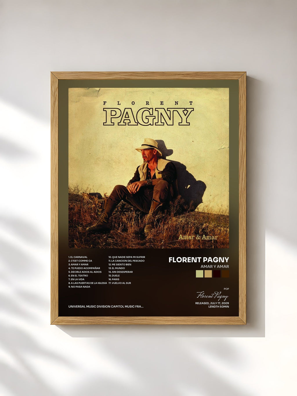 #bois Tableau de l'album Amar Y Amar de Florent Pagny, cadre en bois brut, imprimé et encadré en France