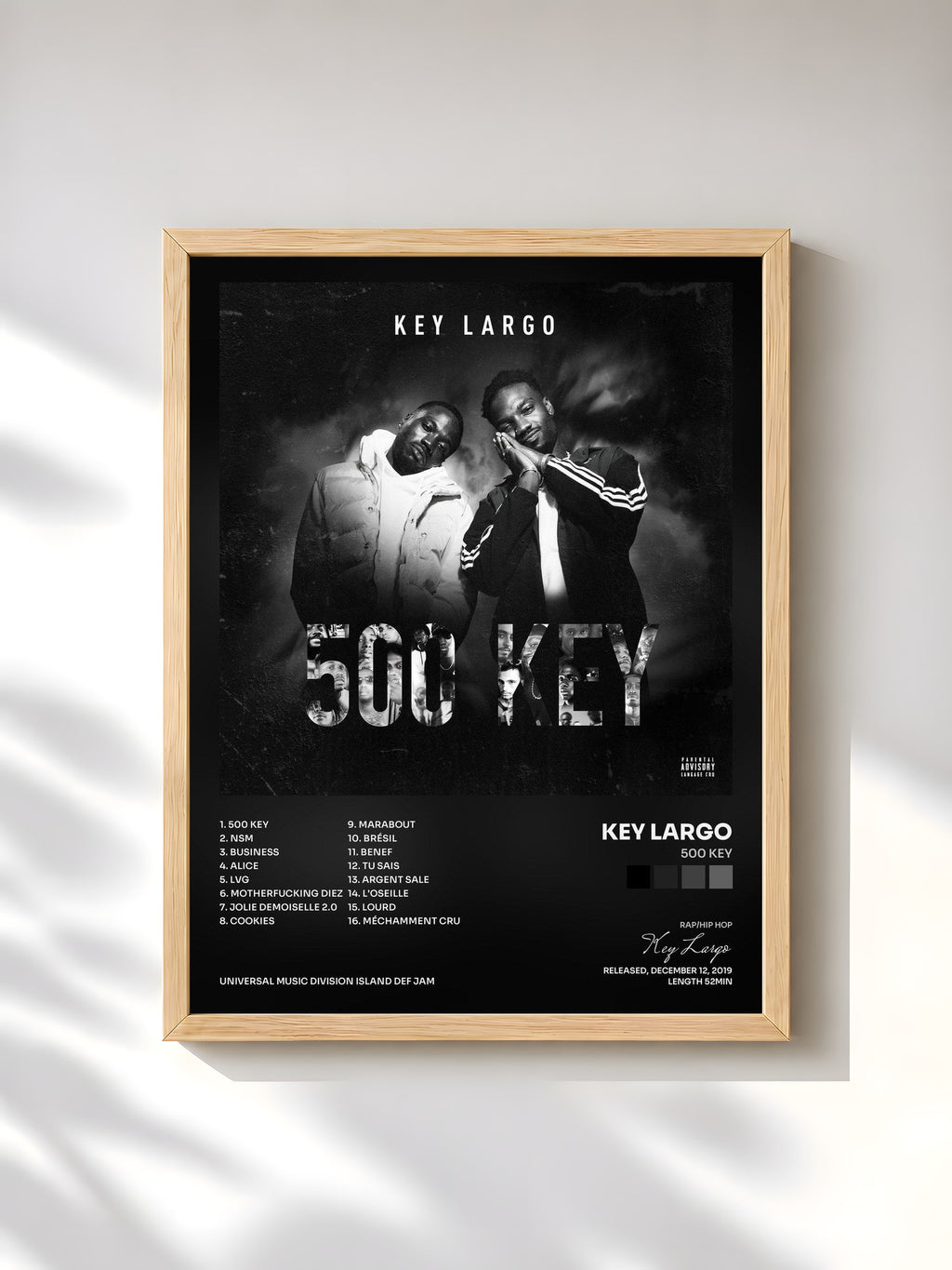 #bois Tableau de l'album 500 Key de Key Largo, cadre en bois brut, imprimé et encadré en France