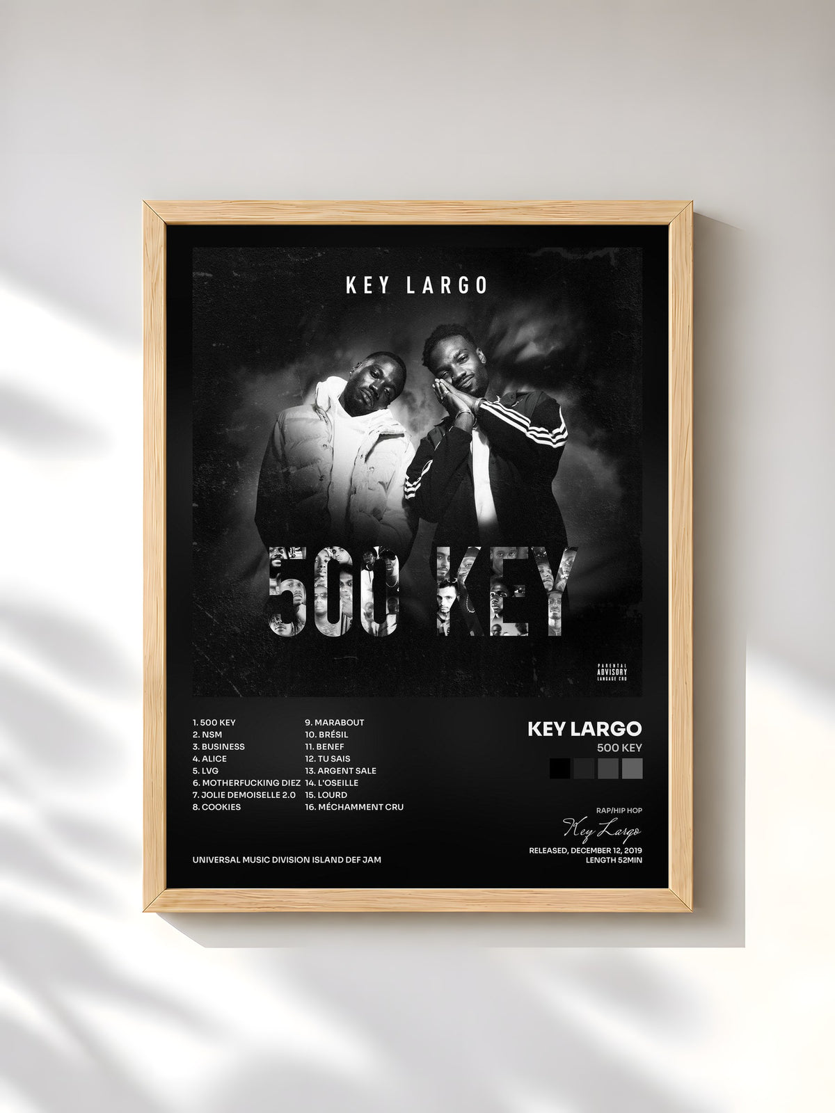 #bois Tableau de l'album 500 Key de Key Largo, cadre en bois brut, imprimé et encadré en France