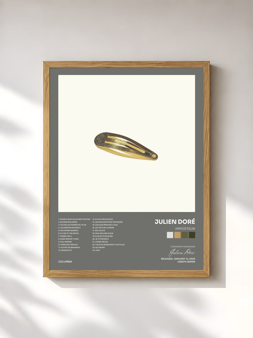 #bois Tableau de l'album IMPOSTEUR de Julien Doré, cadre en bois brut, imprimé et encadré en France