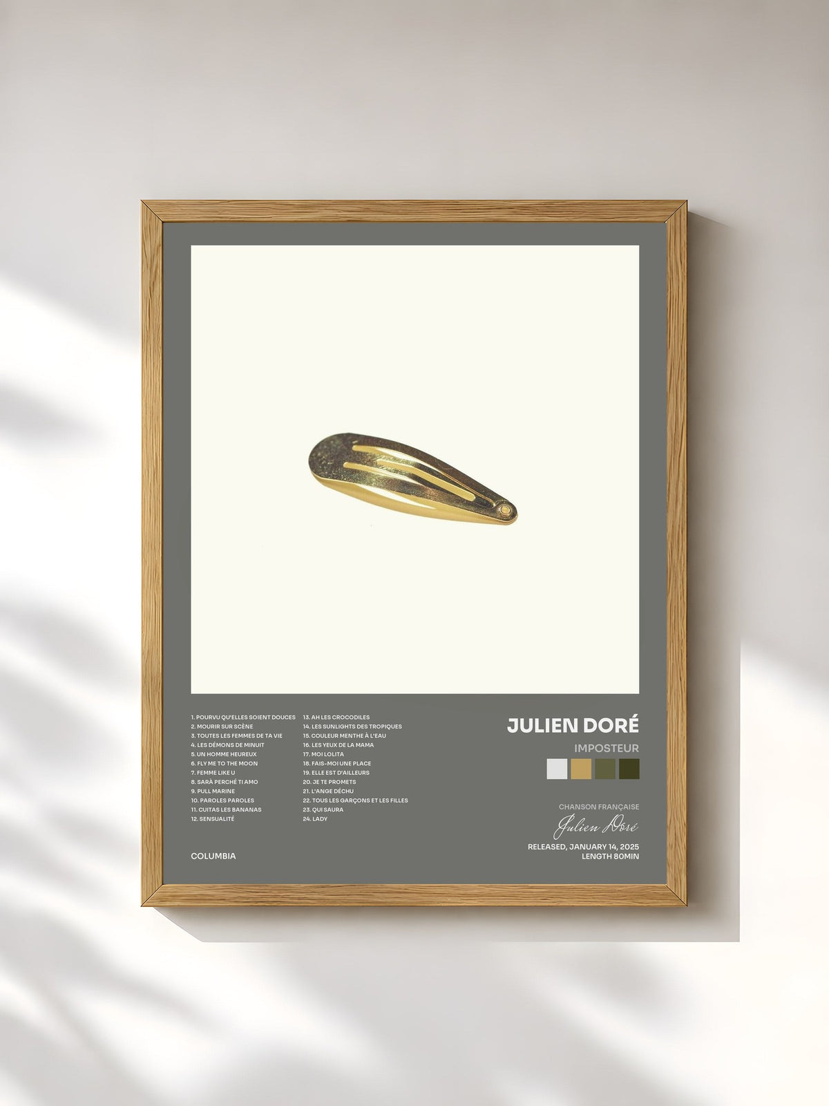 #bois Tableau de l'album IMPOSTEUR de Julien Doré, cadre en bois brut, imprimé et encadré en France