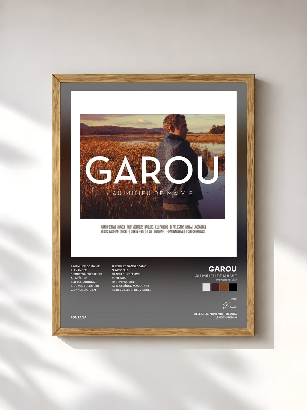 #bois Tableau de l'album Au Milieu De Ma Vie (Version Deluxe) de Garou, cadre en bois brut, imprimé et encadré en France