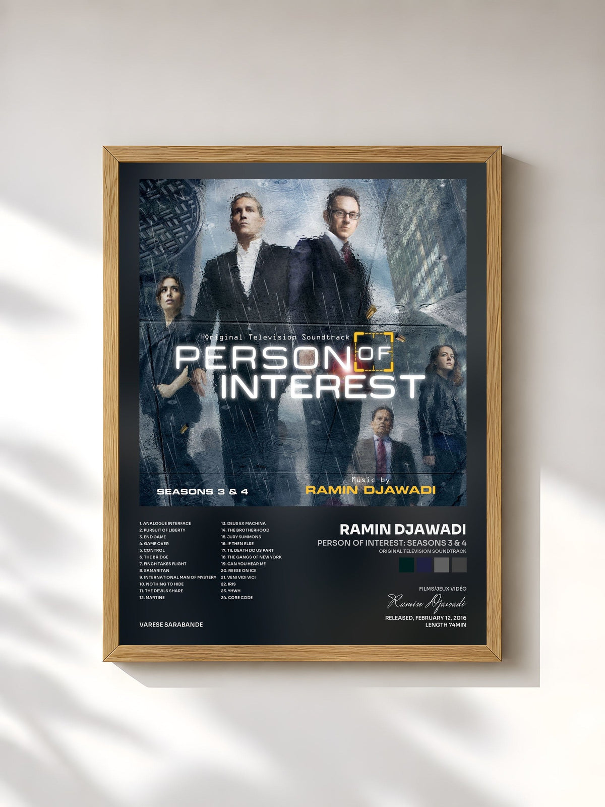 #bois Tableau de l'album Person Of Interest: Seasons 3 & 4 (Original Television Soundtrack) de Ramin Djawadi, cadre en bois brut, imprimé et encadré en France