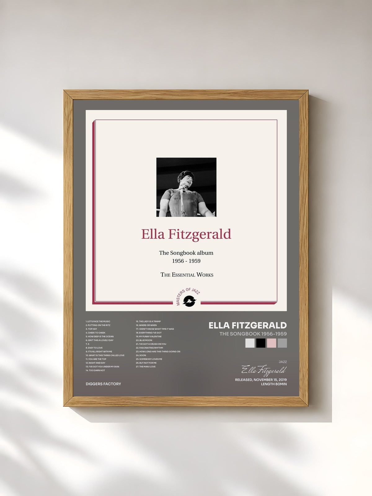 #bois Tableau de l'album The Songbook 1956-1959 de Ella Fitzgerald, cadre en bois brut, imprimé et encadré en France