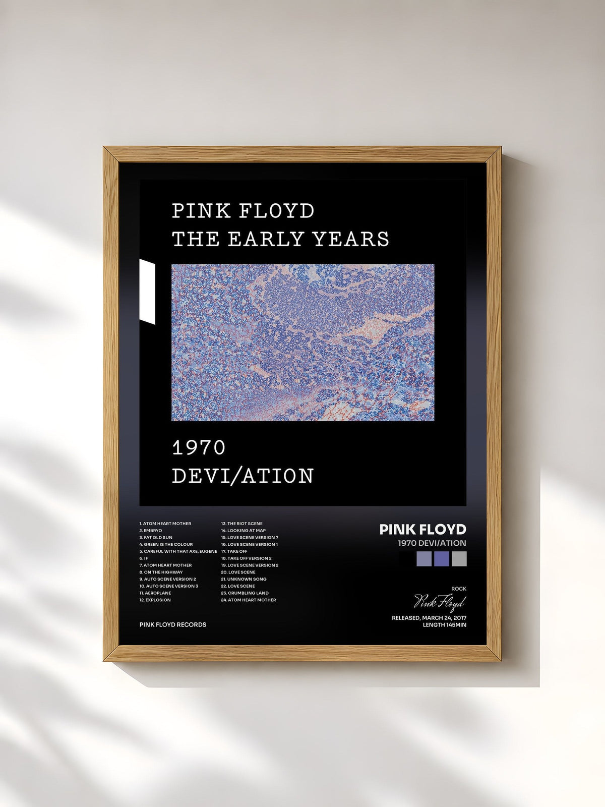 #bois Tableau de l'album 1970 Devi/ation de Pink Floyd, cadre en bois brut, imprimé et encadré en France