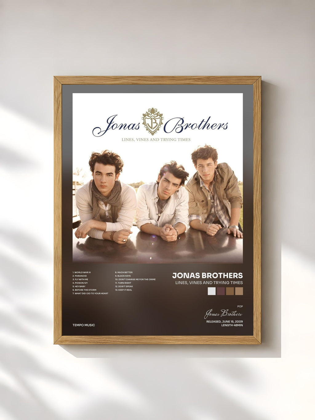 #bois Tableau de l'album Lines, Vines and Trying Times de Jonas Brothers, cadre en bois brut, imprimé et encadré en France