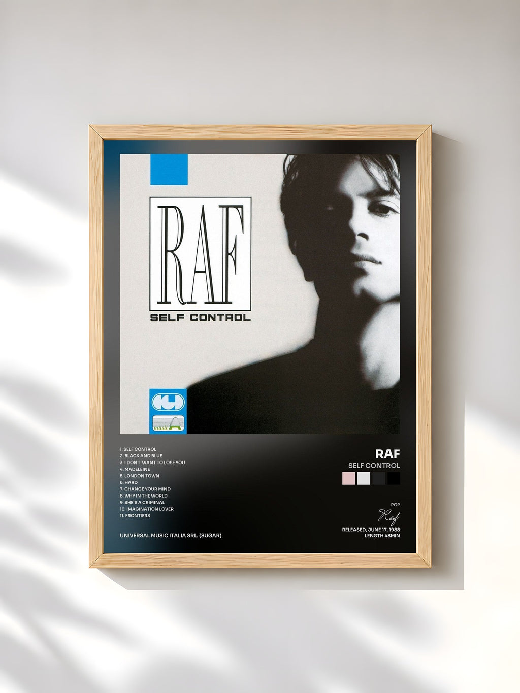 #bois Tableau de l'album Self Control de Raf, cadre en bois brut, imprimé et encadré en France