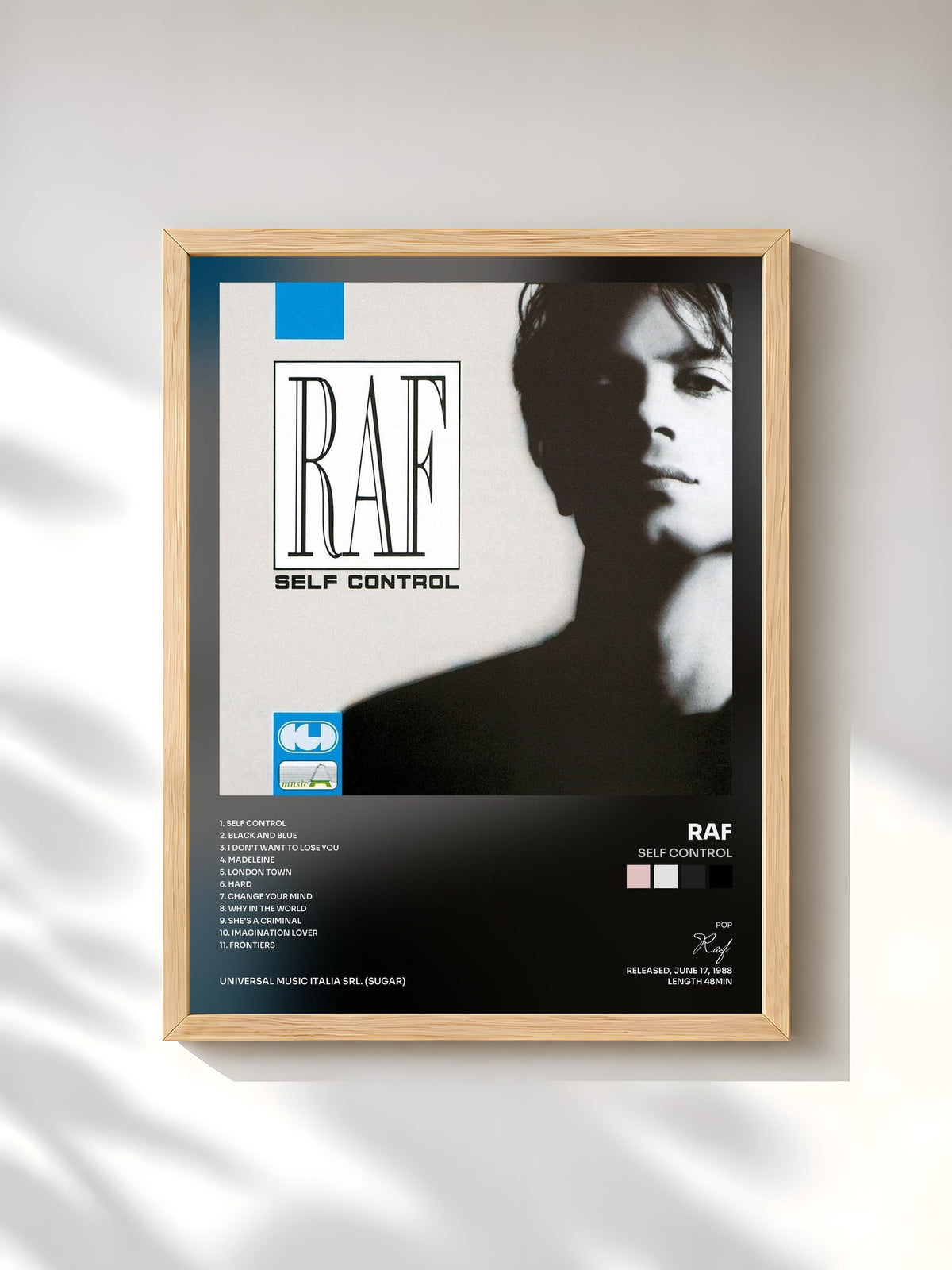 #bois Tableau de l'album Self Control de Raf, cadre en bois brut, imprimé et encadré en France
