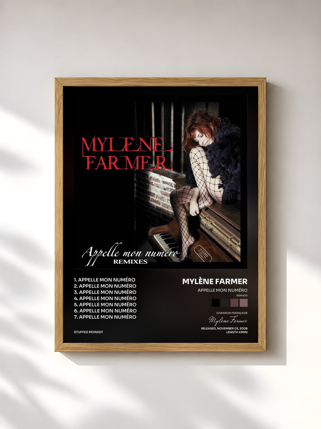 #bois Tableau de l'album Appelle mon numéro (Remixes) de Mylène Farmer, cadre en bois brut, imprimé et encadré en France