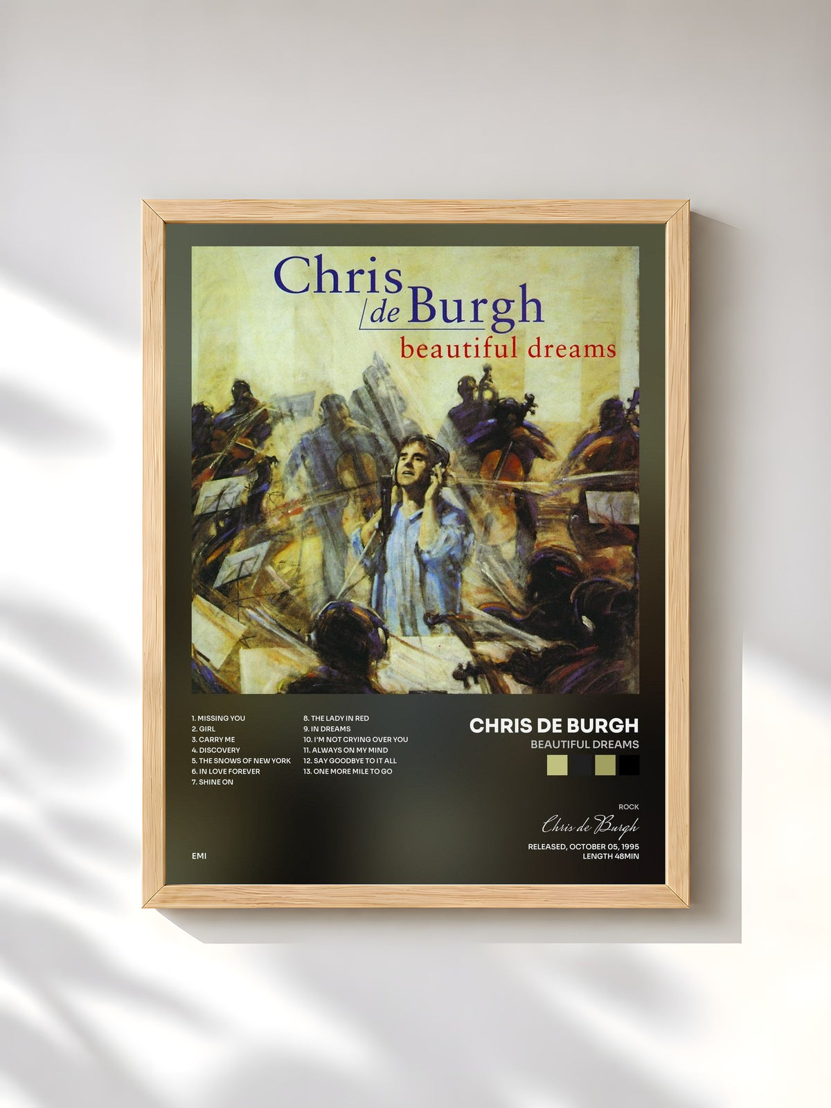 #bois Tableau de l'album Beautiful Dreams de Chris de Burgh, cadre en bois brut, imprimé et encadré en France