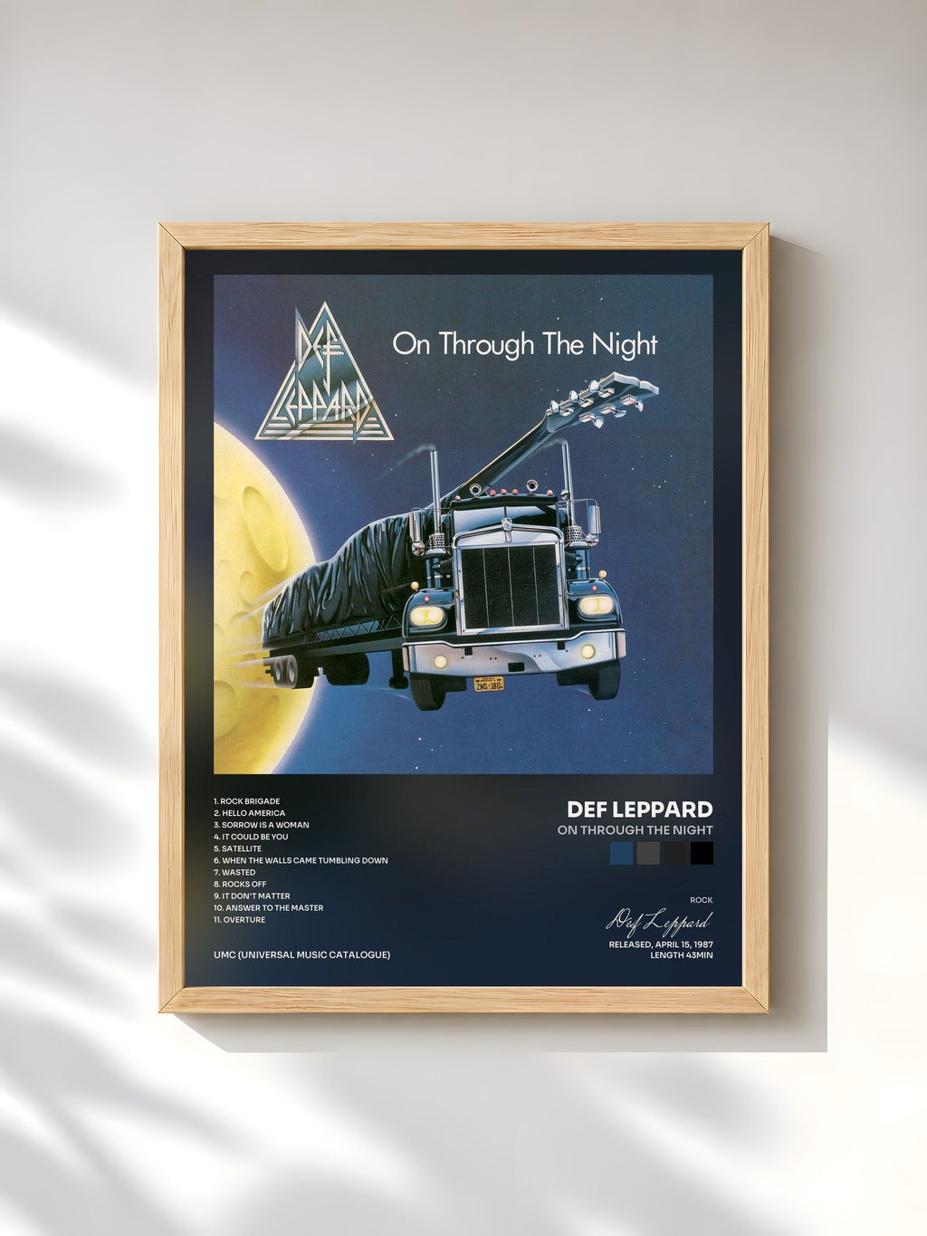 #bois Tableau de l'album On Through The Night de Def Leppard, cadre en bois brut, imprimé et encadré en France