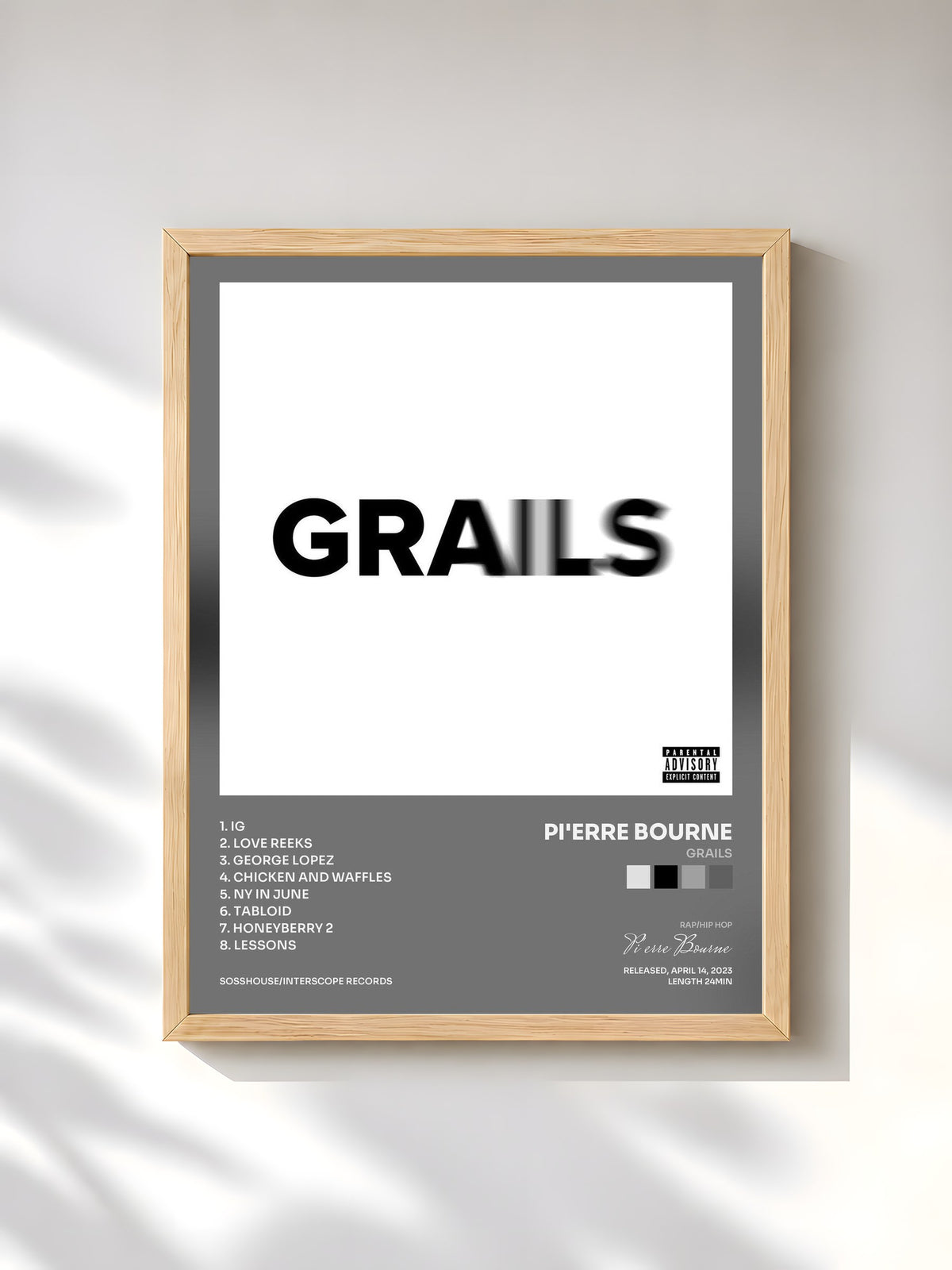 #bois Tableau de l'album Grails de Pi'erre Bourne, cadre en bois brut, imprimé et encadré en France