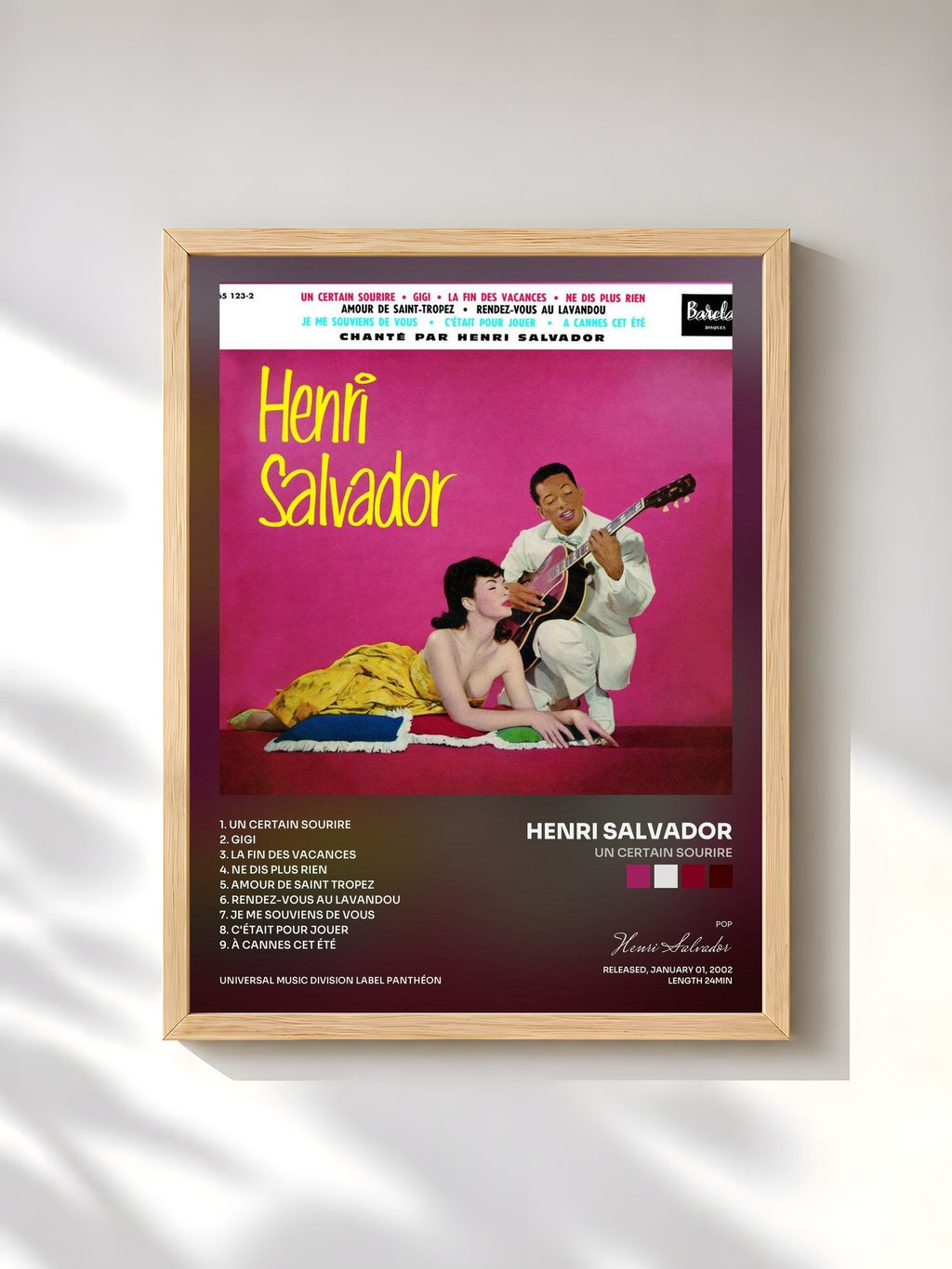 #bois Tableau de l'album Un Certain Sourire de Henri Salvador, cadre en bois brut, imprimé et encadré en France