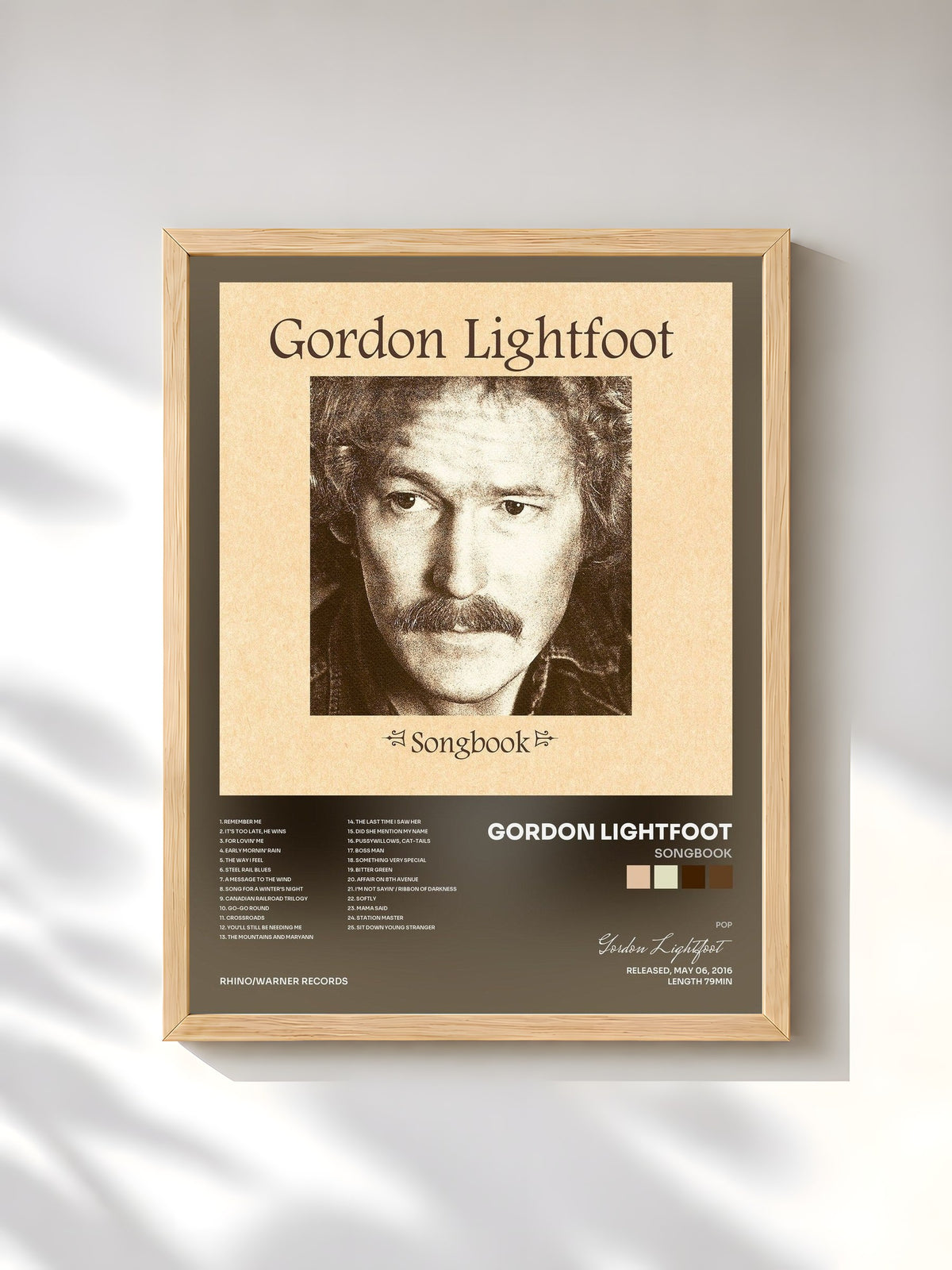 #bois Tableau de l'album Songbook de Gordon Lightfoot, cadre en bois brut, imprimé et encadré en France