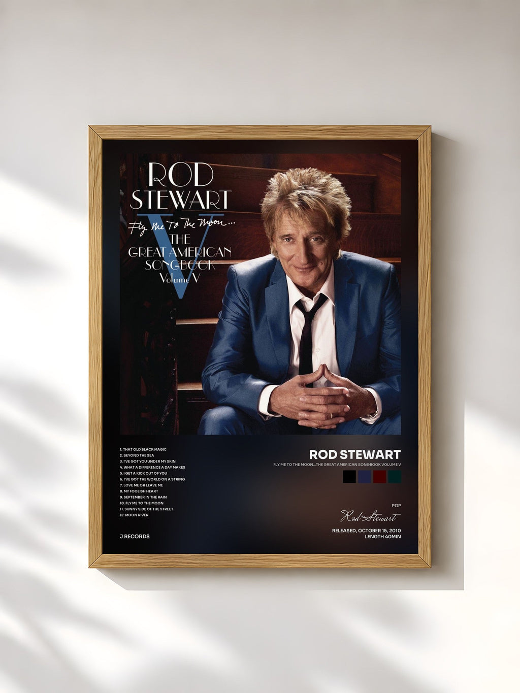 #bois Tableau de l'album Fly Me To The Moon...The Great American Songbook Volume V de Rod Stewart, cadre en bois brut, imprimé et encadré en France