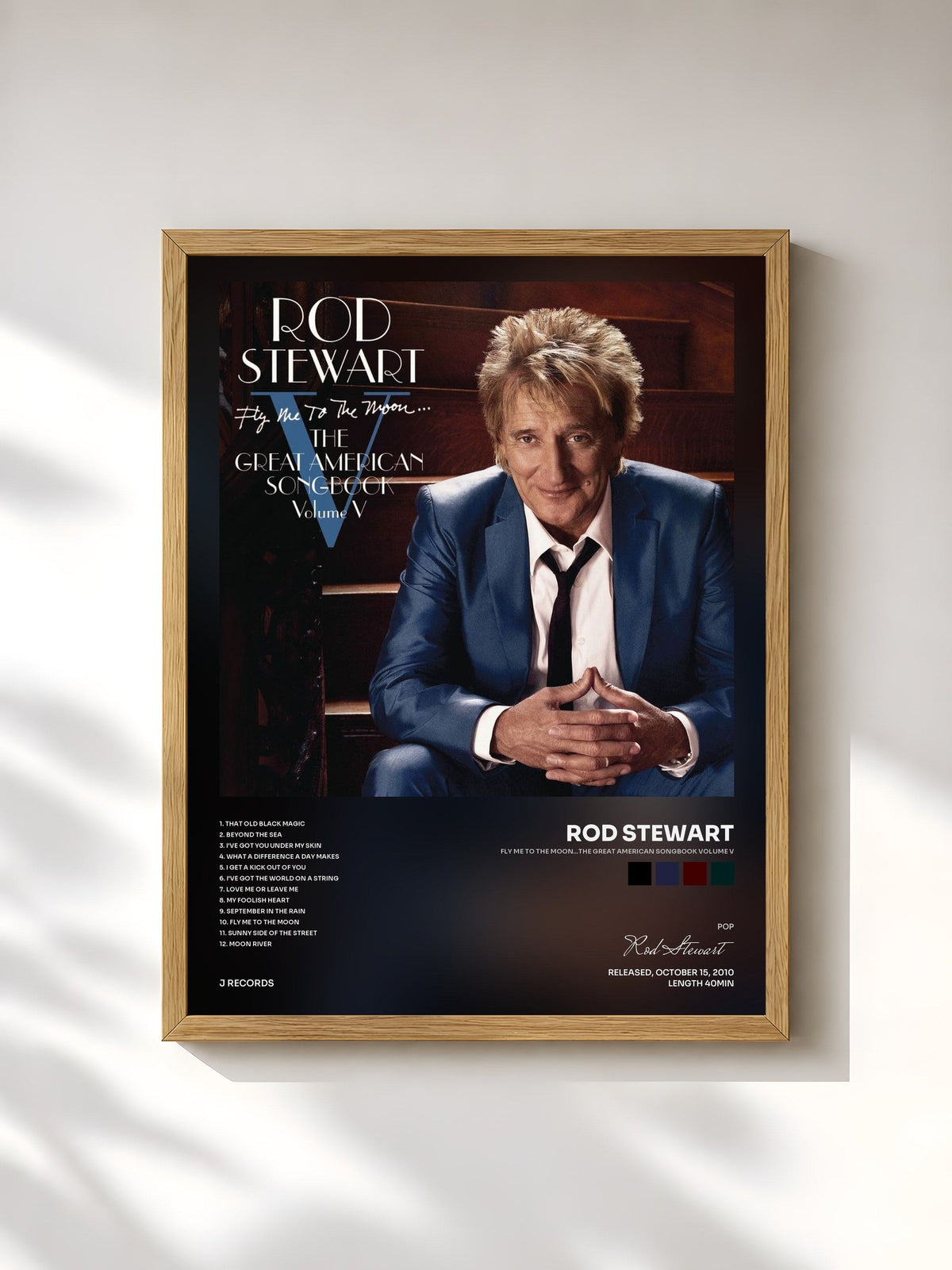 #bois Tableau de l'album Fly Me To The Moon...The Great American Songbook Volume V de Rod Stewart, cadre en bois brut, imprimé et encadré en France