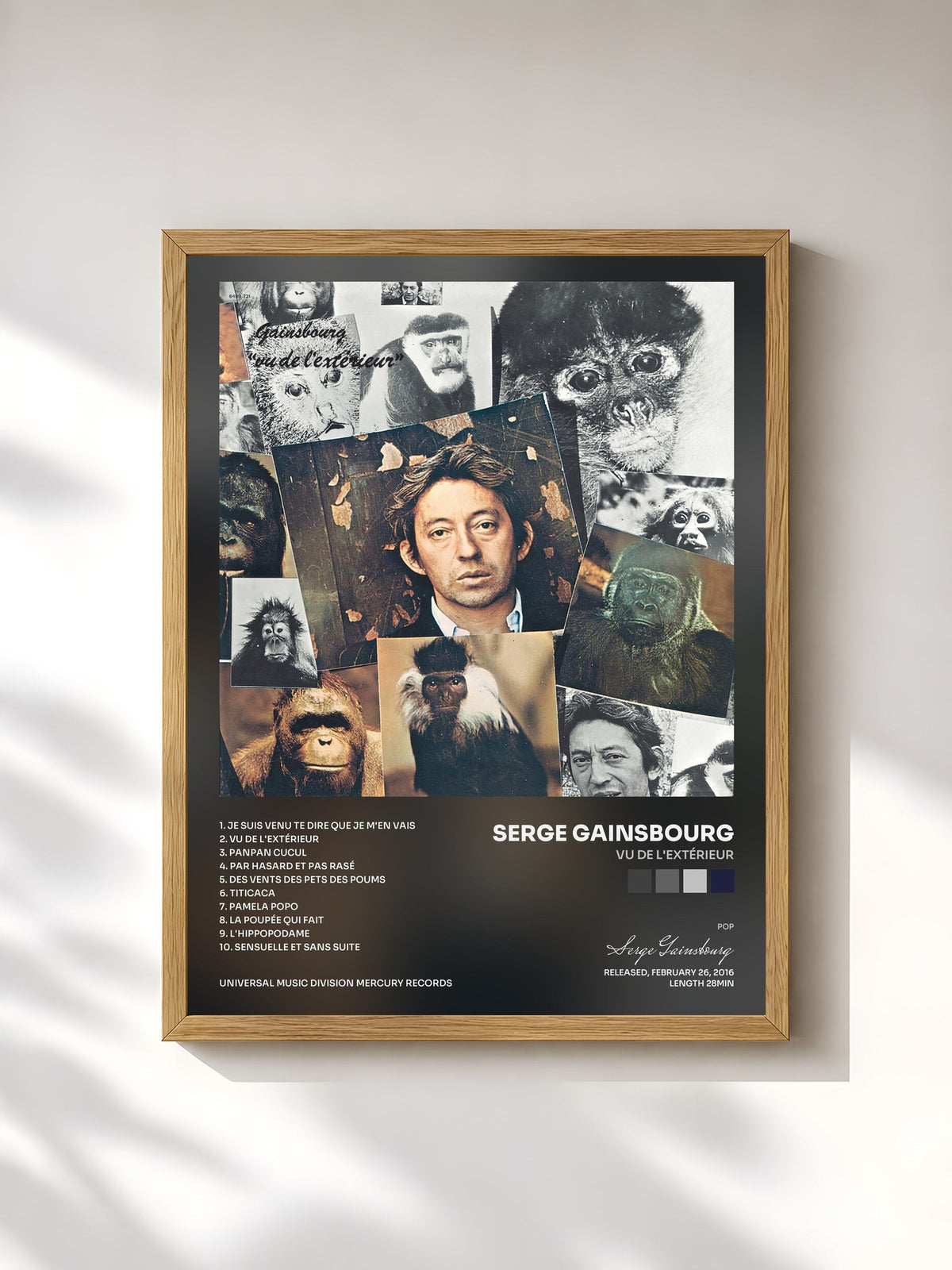 #bois Tableau de l'album Vu de l'extérieur de Serge Gainsbourg, cadre en bois brut, imprimé et encadré en France