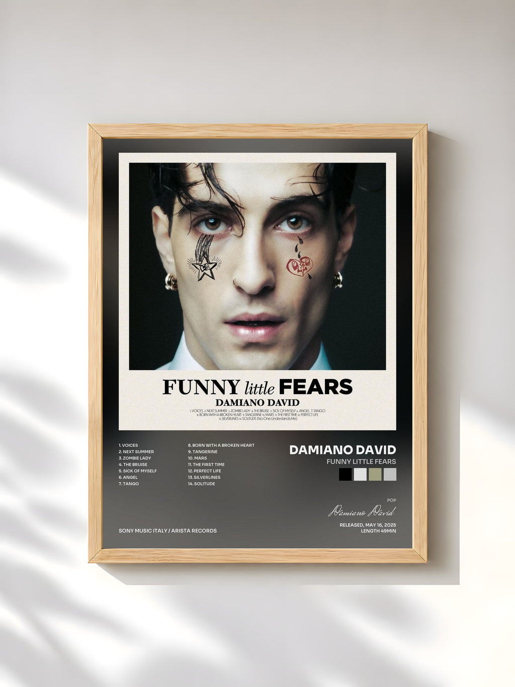 #bois Tableau de l'album FUNNY little FEARS de Damiano David, cadre en bois brut, imprimé et encadré en France