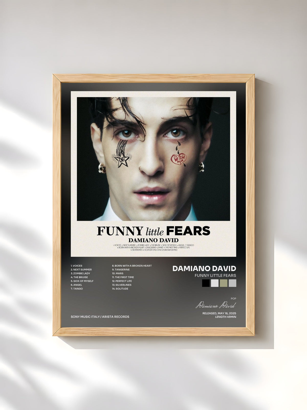 #bois Tableau de l'album FUNNY little FEARS de Damiano David, cadre en bois brut, imprimé et encadré en France