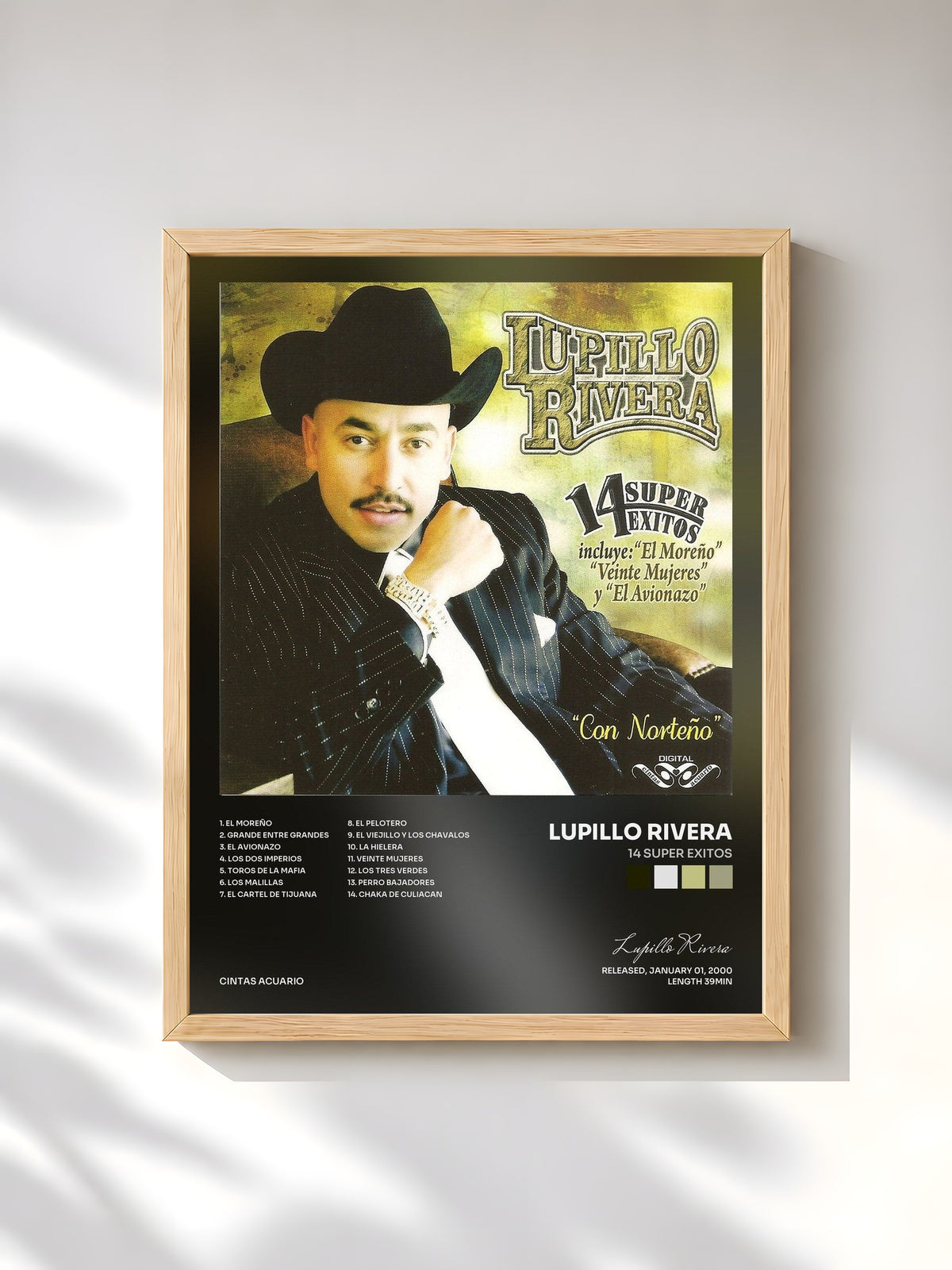 #bois Tableau de l'album 14 Super Exitos de Lupillo Rivera, cadre en bois brut, imprimé et encadré en France