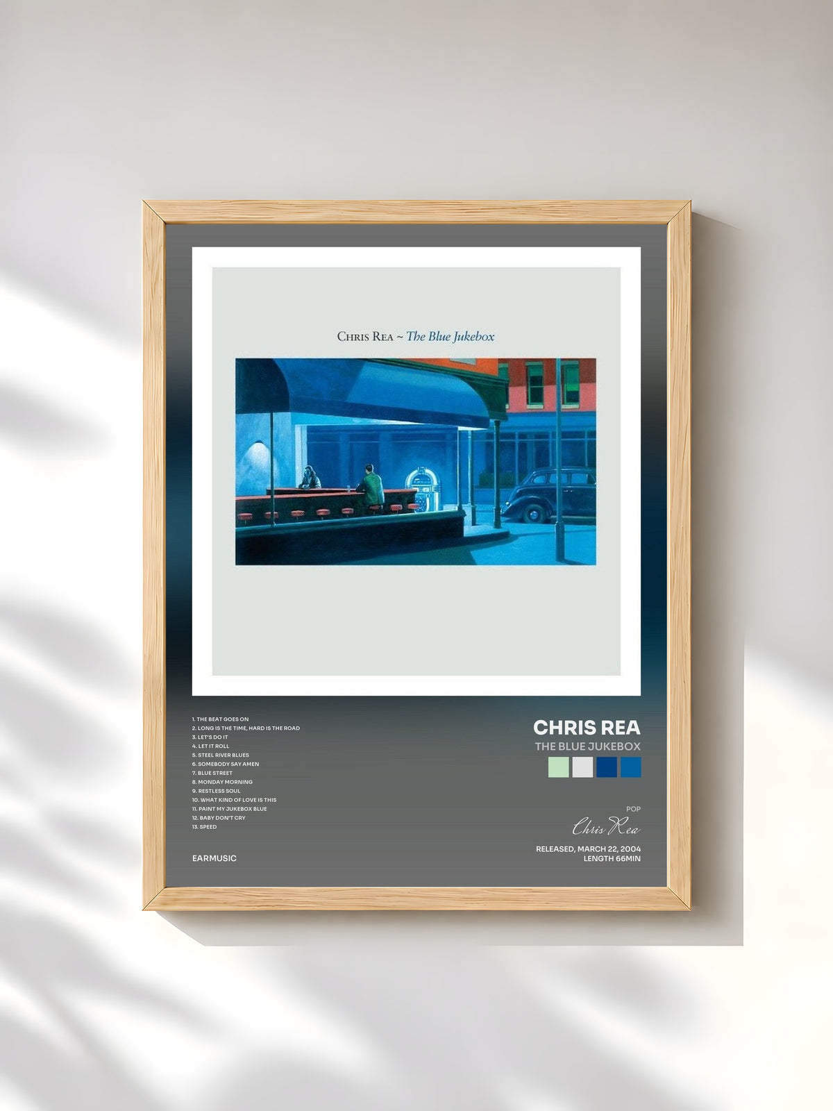 #bois Tableau de l'album The Blue Jukebox de Chris Rea, cadre en bois brut, imprimé et encadré en France