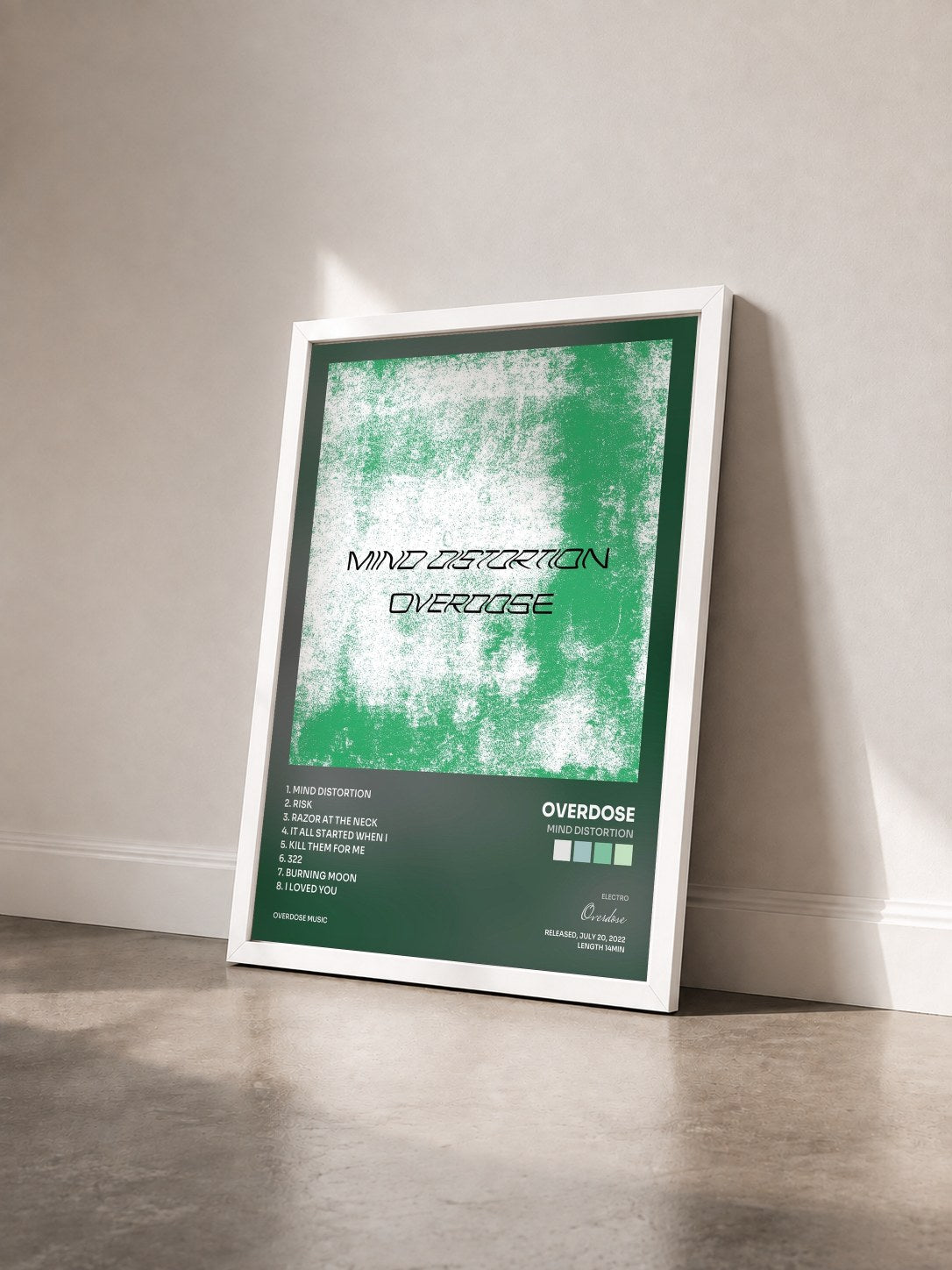 #blanc Tableau de l'album Mind Distortion de Overdose vu de trois quarts, cadre blanc