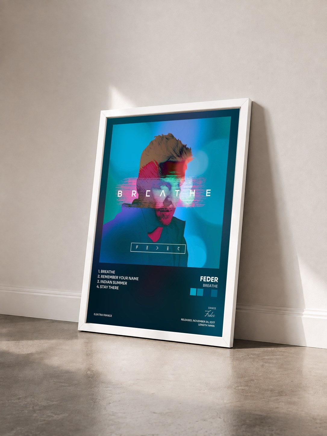 #blanc Tableau de l'album Breathe de Feder vu de trois quarts, cadre blanc