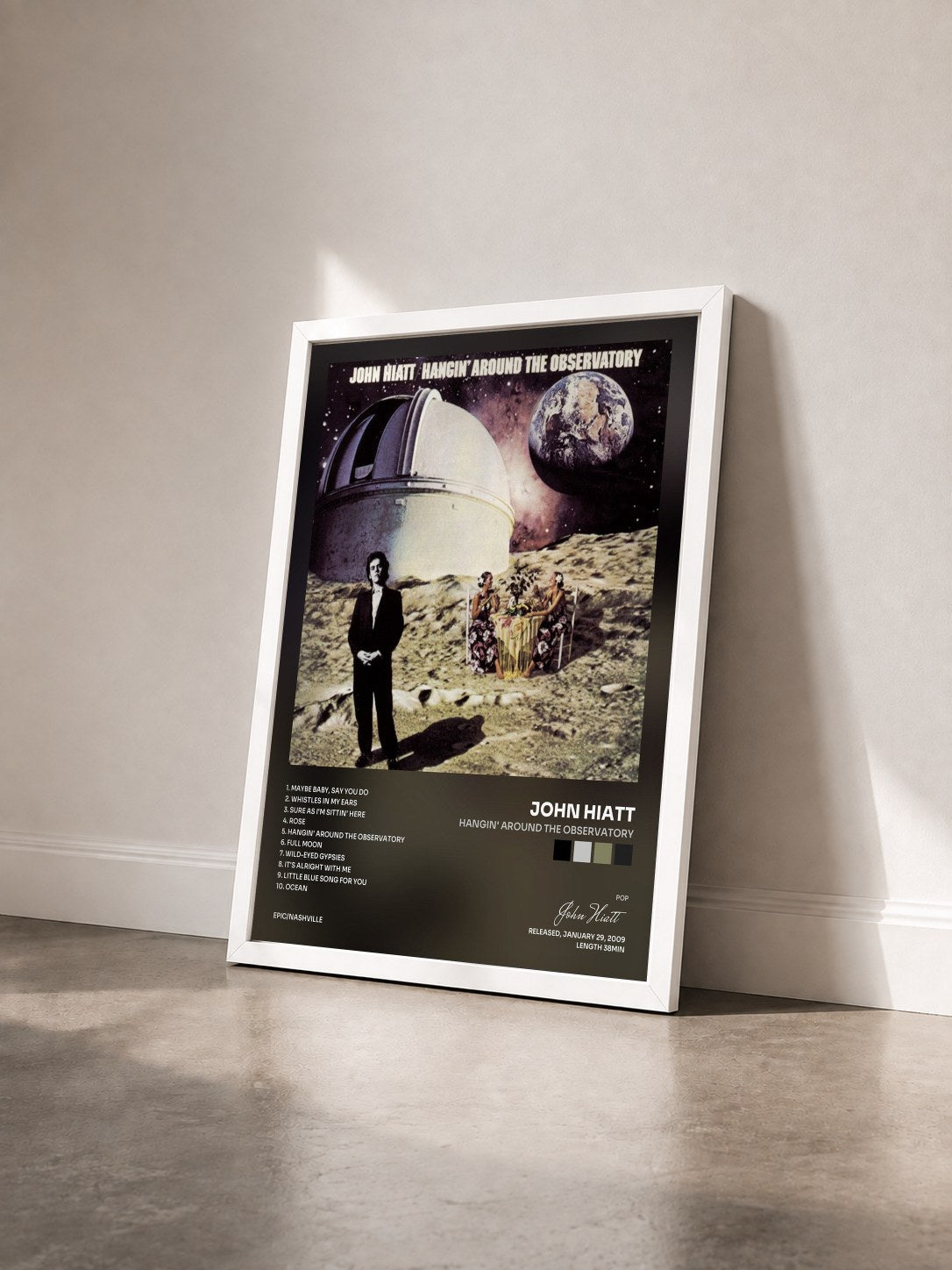 #blanc Tableau de l'album Hangin' Around The Observatory de John Hiatt vu de trois quarts, cadre blanc