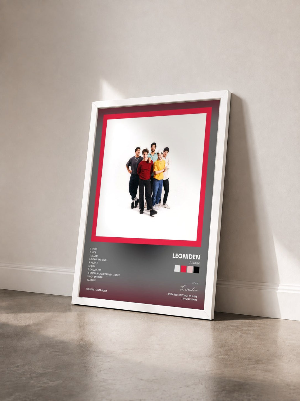 #blanc Tableau de l'album Again de Leoniden vu de trois quarts, cadre blanc