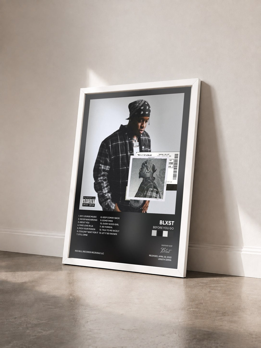 #blanc Tableau de l'album Before You Go de Blxst vu de trois quarts, cadre blanc