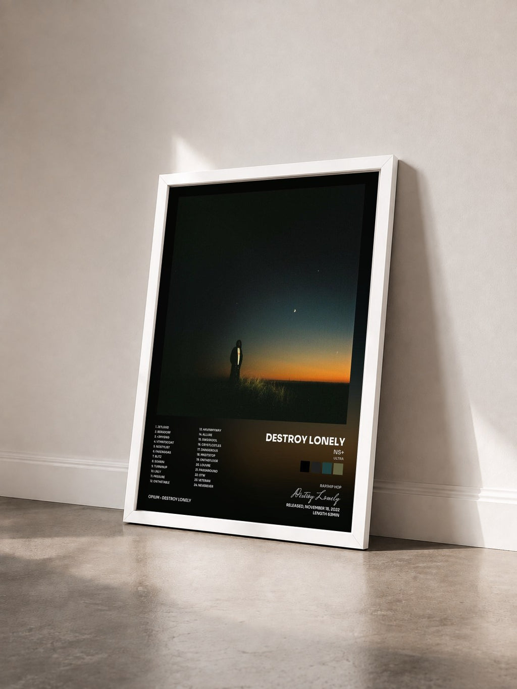 #blanc Tableau de l'album NS+ (ULTRA) de Destroy Lonely vu de trois quarts, cadre blanc