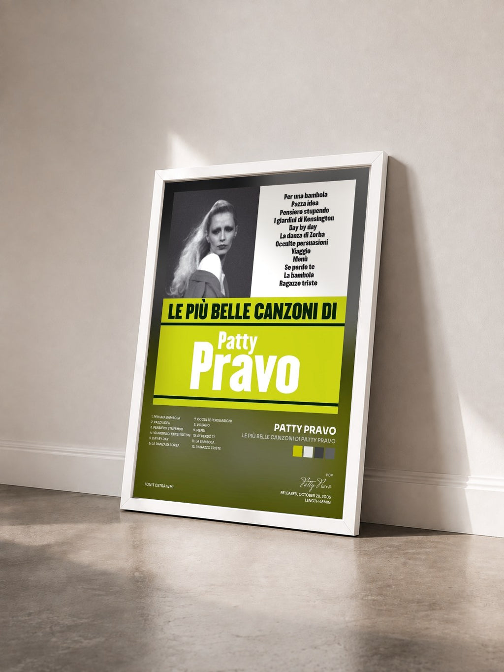 #blanc Tableau de l'album Le più belle canzoni di Patty Pravo de Patty Pravo vu de trois quarts, cadre blanc