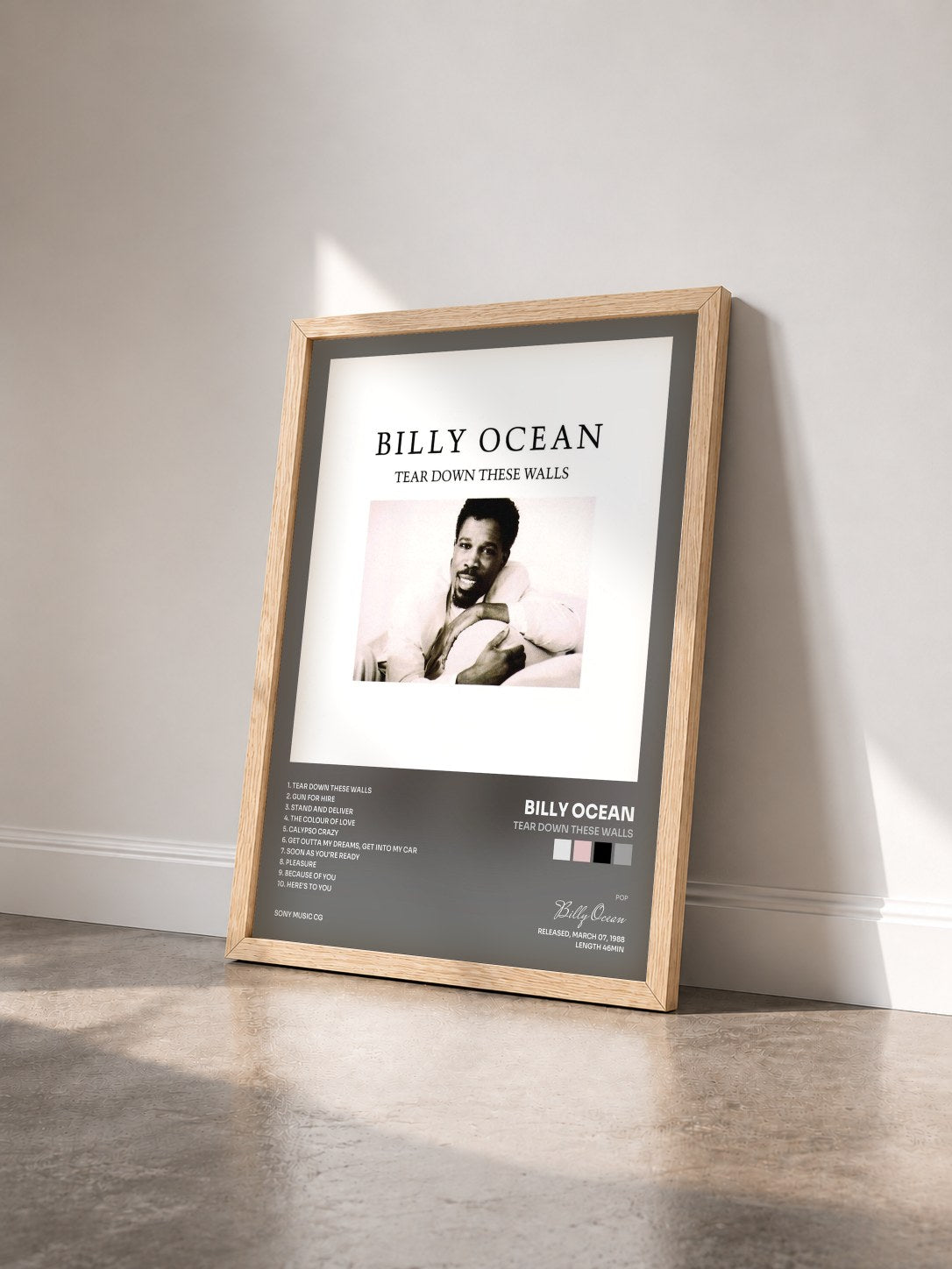#bois Tableau de l'album Tear Down These Walls de Billy Ocean vu de trois quarts, cadre en bois brut
