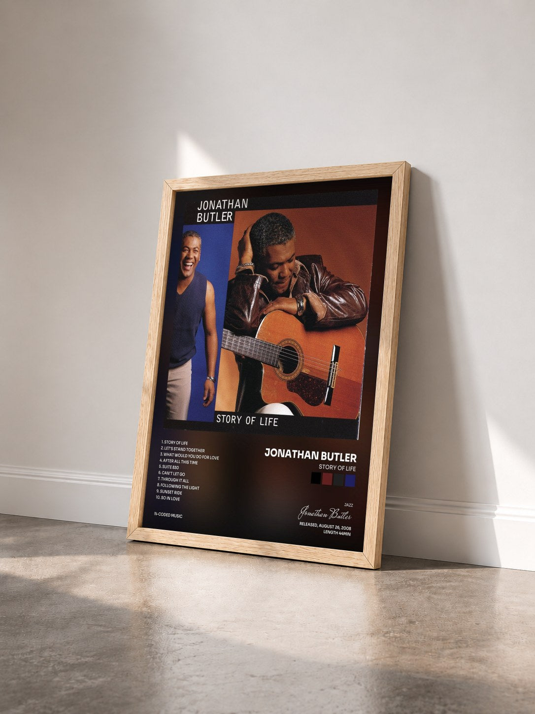 #bois Tableau de l'album Story of Life de Jonathan Butler vu de trois quarts, cadre en bois brut