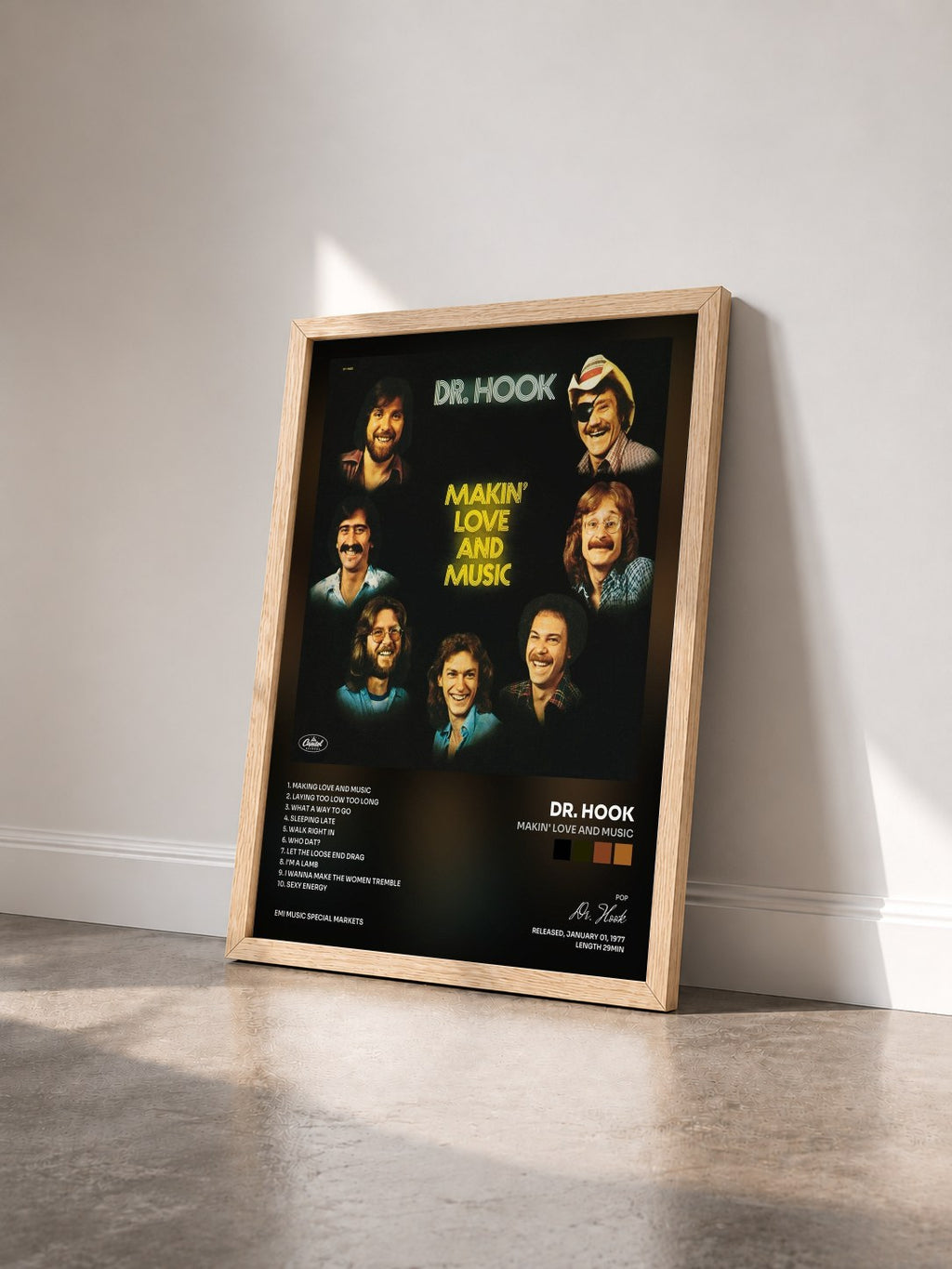 #bois Tableau de l'album Makin' Love And Music de Dr. Hook vu de trois quarts, cadre en bois brut