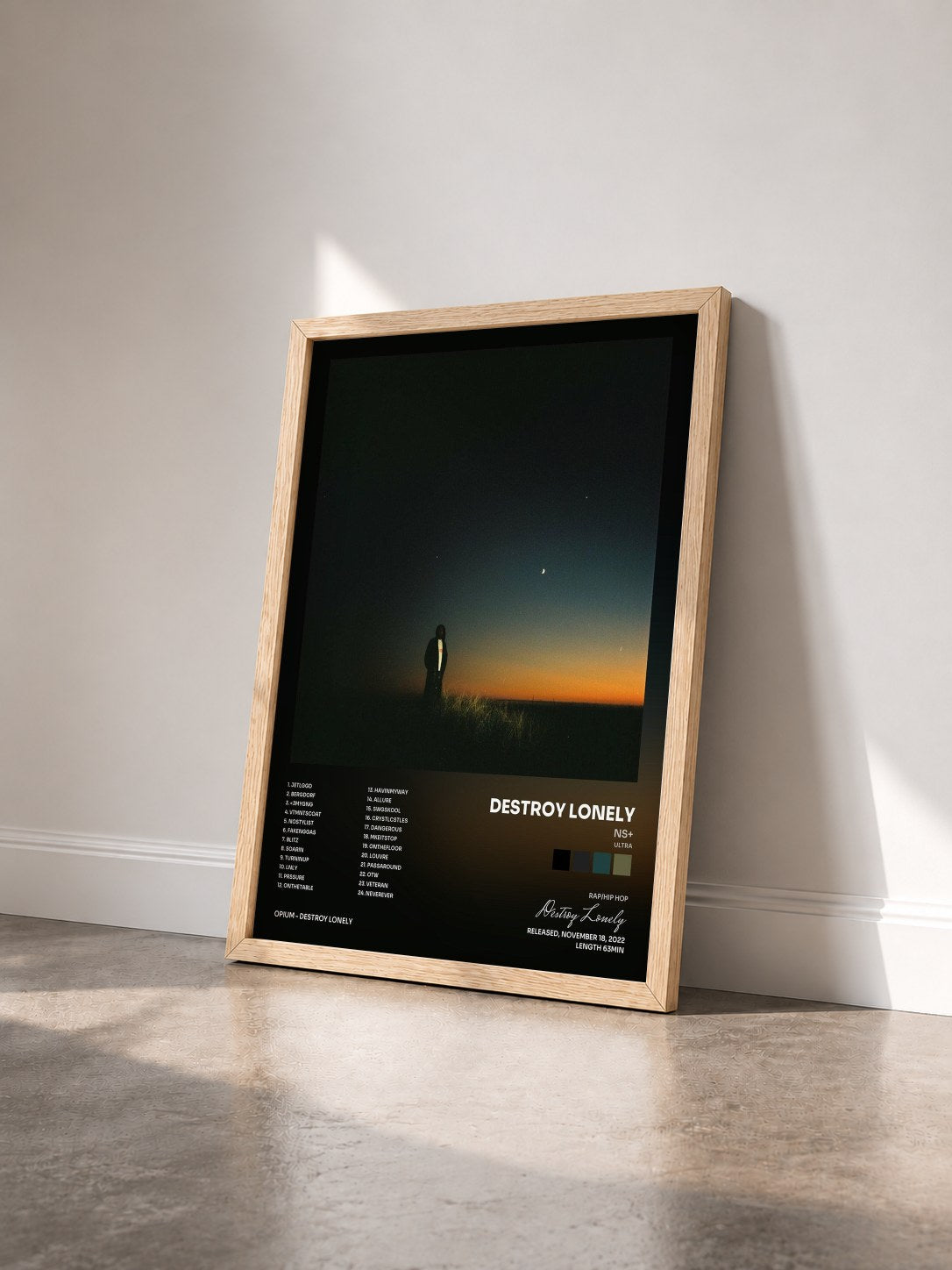 #bois Tableau de l'album NS+ (ULTRA) de Destroy Lonely vu de trois quarts, cadre en bois brut