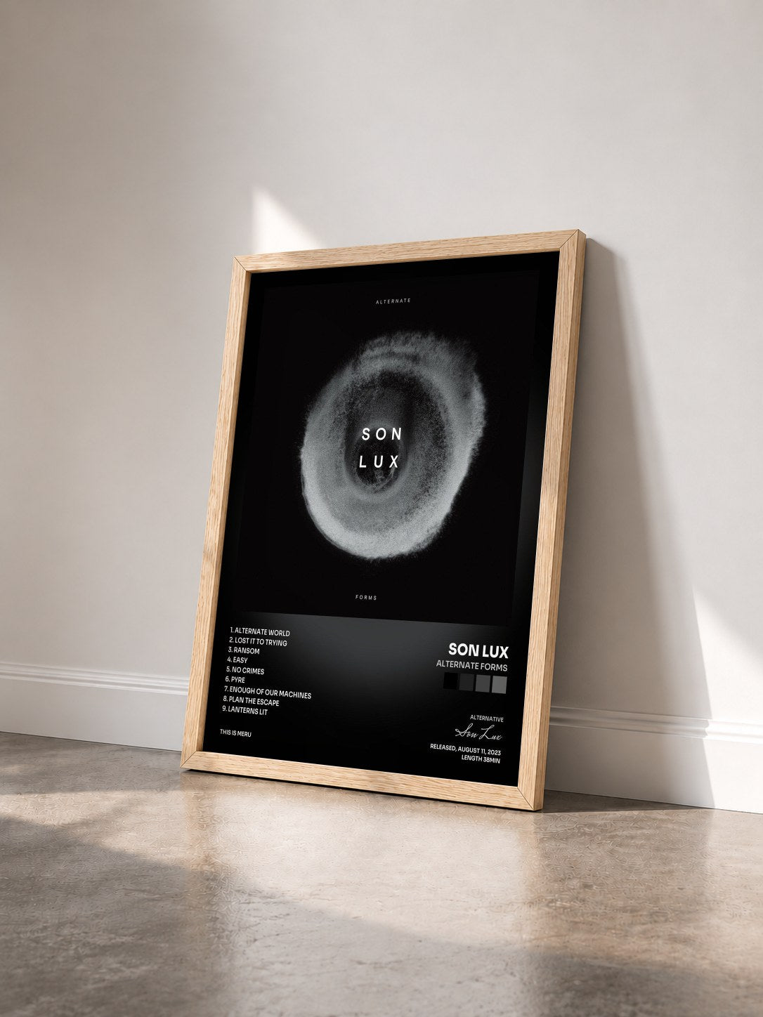 #bois Tableau de l'album Alternate Forms de Son Lux vu de trois quarts, cadre en bois brut