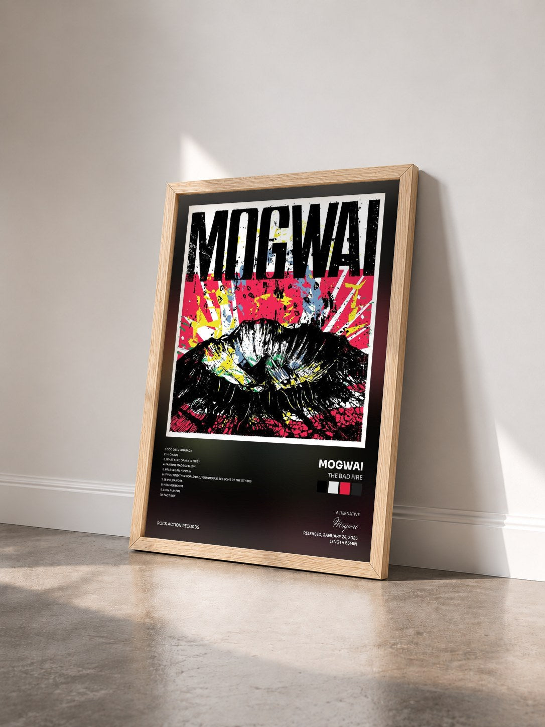 #bois Tableau de l'album The Bad Fire de Mogwai vu de trois quarts, cadre en bois brut