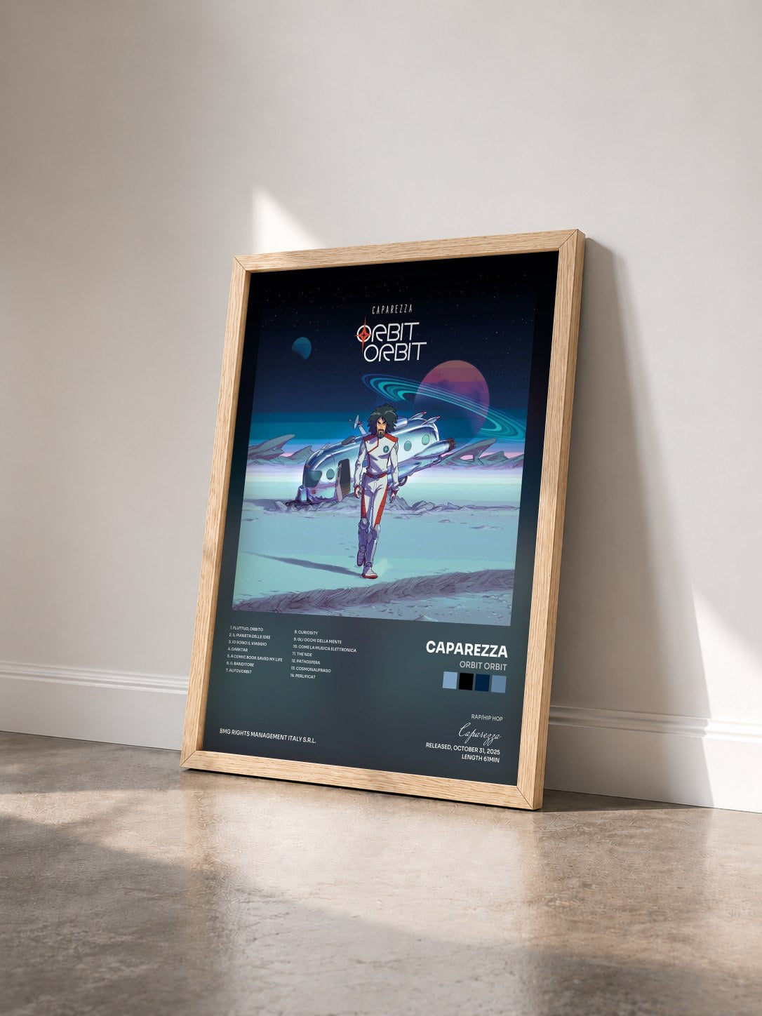 #bois Tableau de l'album Orbit Orbit de Caparezza vu de trois quarts, cadre en bois brut