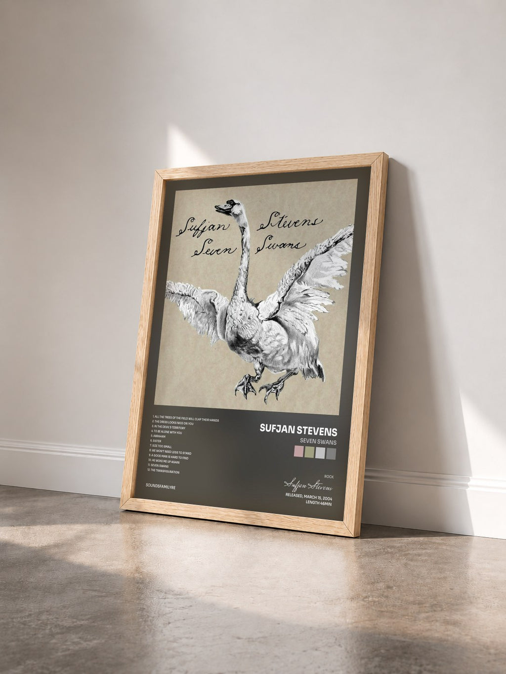 #bois Tableau de l'album Seven Swans de Sufjan Stevens vu de trois quarts, cadre en bois brut