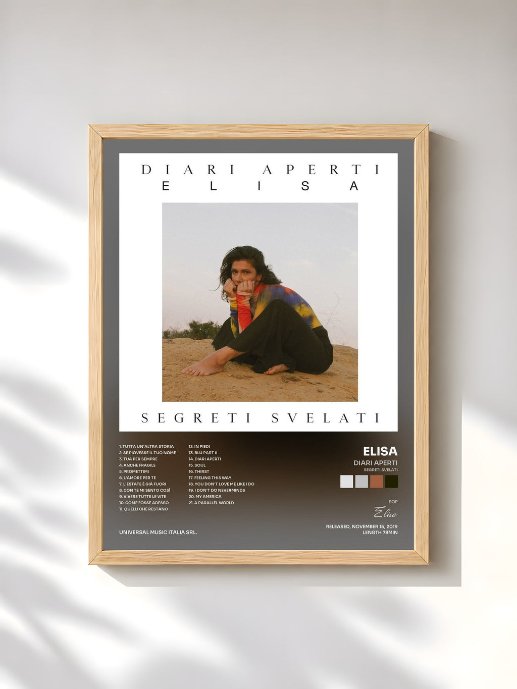 #bois Tableau de l'album Diari Aperti (Segreti Svelati) de Elisa, cadre en bois brut, imprimé et encadré en France