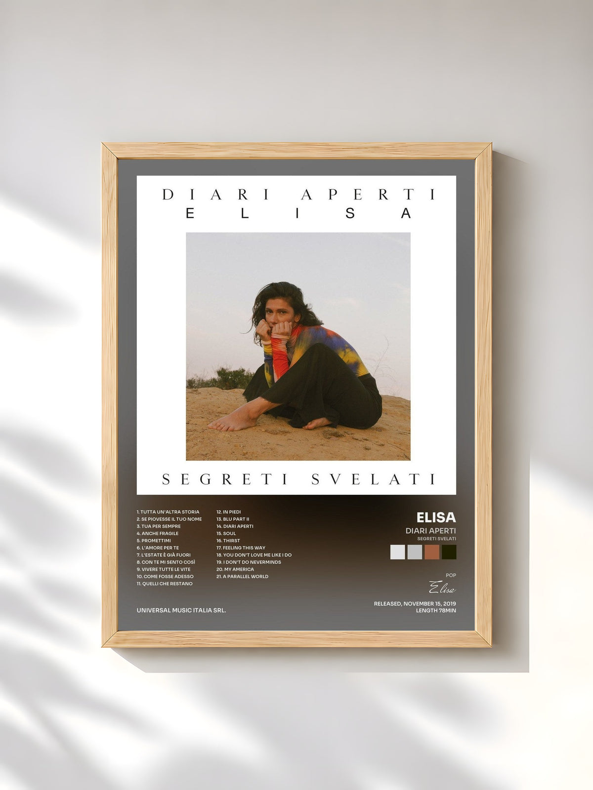 #bois Tableau de l'album Diari Aperti (Segreti Svelati) de Elisa, cadre en bois brut, imprimé et encadré en France