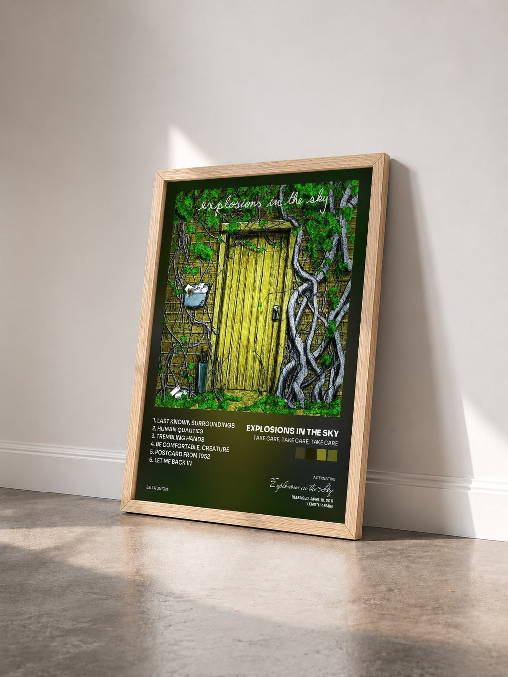 #bois Tableau de l'album Take Care, Take Care, Take Care de Explosions in the Sky vu de trois quarts, cadre en bois brut